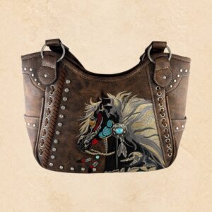 Front view of brown leather purse with colorful embroidered horse