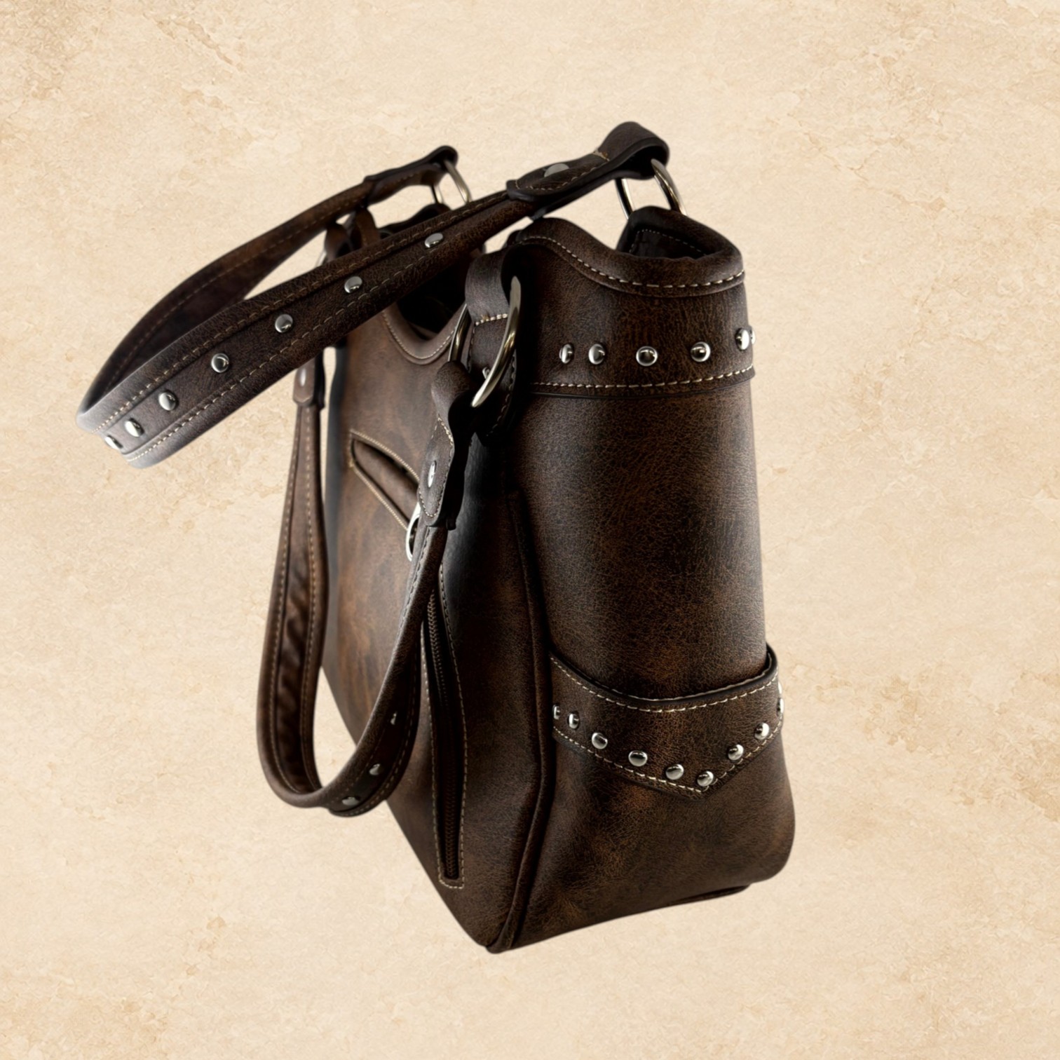 Back view of brown leather horse purse