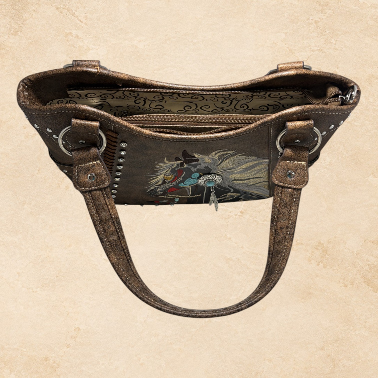 Interior view of brown embroidered horse leather purse