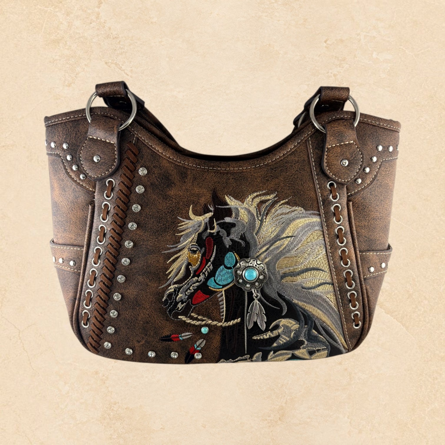 Front view of brown leather purse with colorful embroidered horse