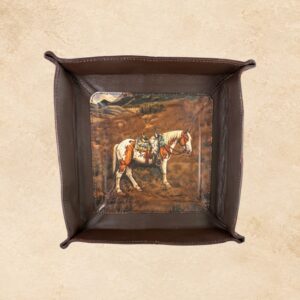 Brown leather catch-all tray featuring a painted horse scene with a desert landscape.