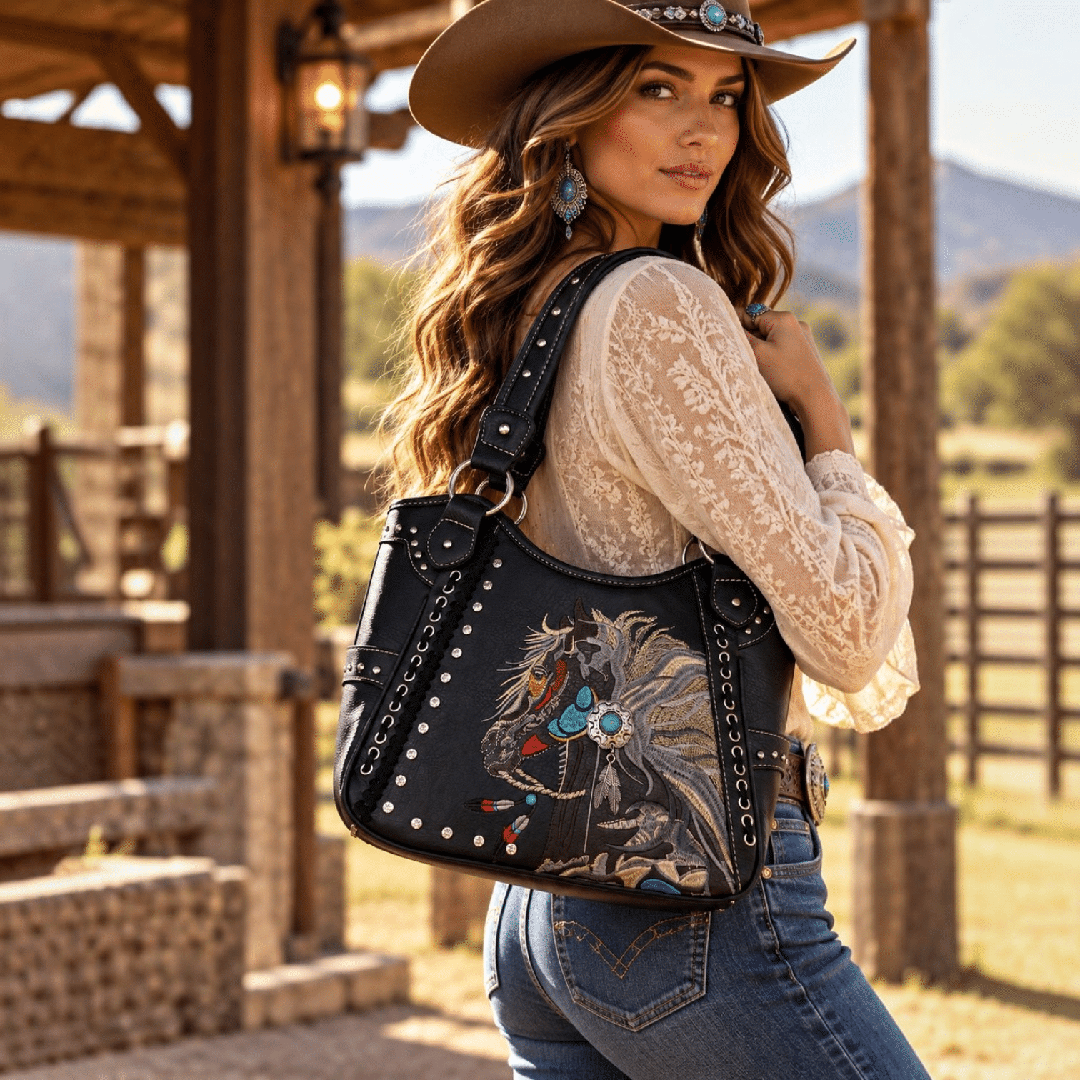 Front view of black leather purse with colorful embroidered horse