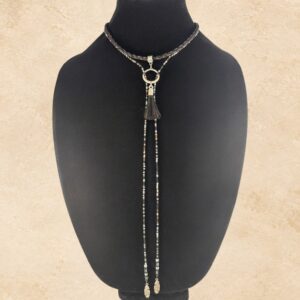 Smoky Ember Lariat Horsehair Necklace with braided dark horsehair, black, silver, copper and warm amber beads, silver-tone hardware, horsehair tassel and feather charms.