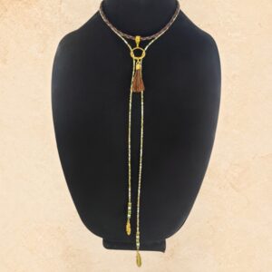Dusty Olive Lariat Horsehair Necklace with braided brown horsehair, olive green and metallic beads, gold-tone hardware, horsehair tassel and feather charms.