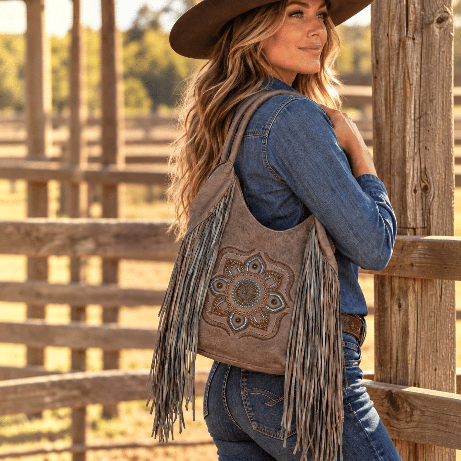 One-of-a-kind handmade taupe leather Western purse with long fringe and turquoise detailing.