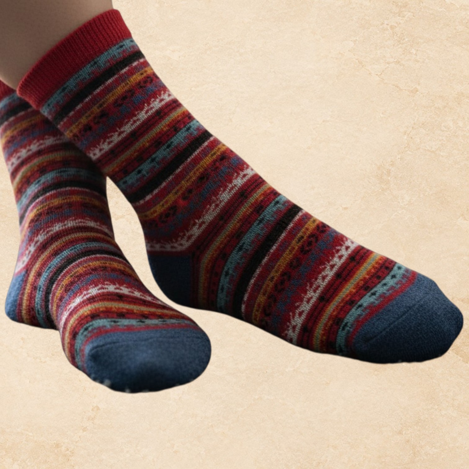 Women’s red 50% alpaca crew socks with a Western-inspired pattern, shown as a soft luxury sock style.