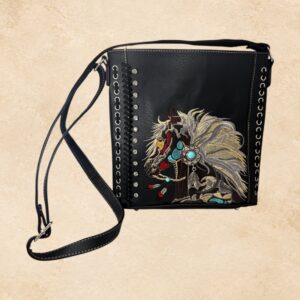 Small black crossbody purse with embroidered horse design, turquoise and red accents, silver-tone details, and decorative lacing.