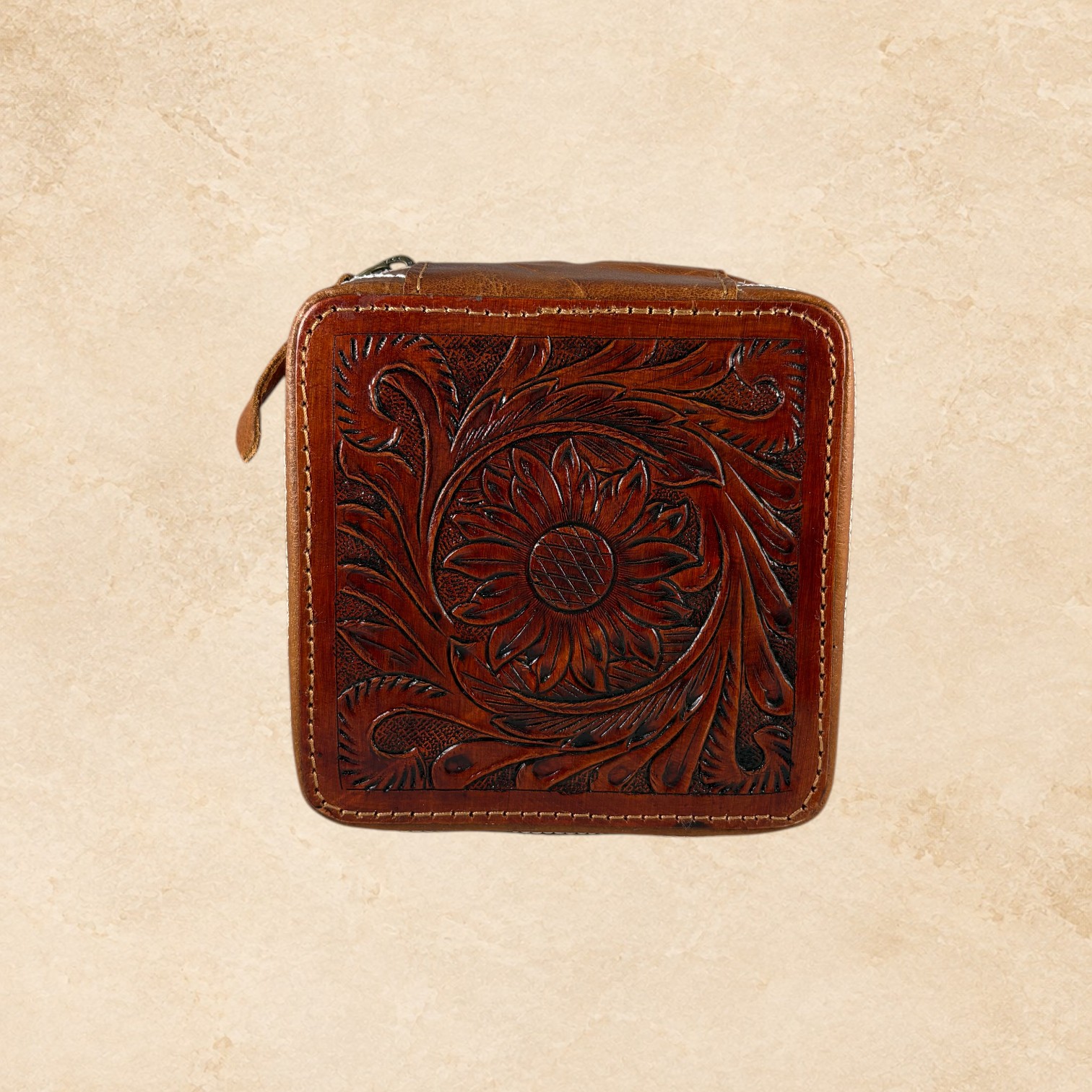Brown Desert Stitch jewelry box open with soft interior, divided compartments, and jewelry holder loops.