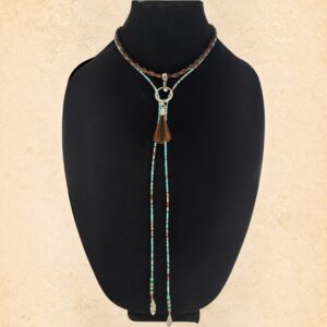 Turquoise & Copper Horsehair Lariat with braided brown horsehair, turquoise, copper and metallic brown beads, silver hardware and silver feather charms.