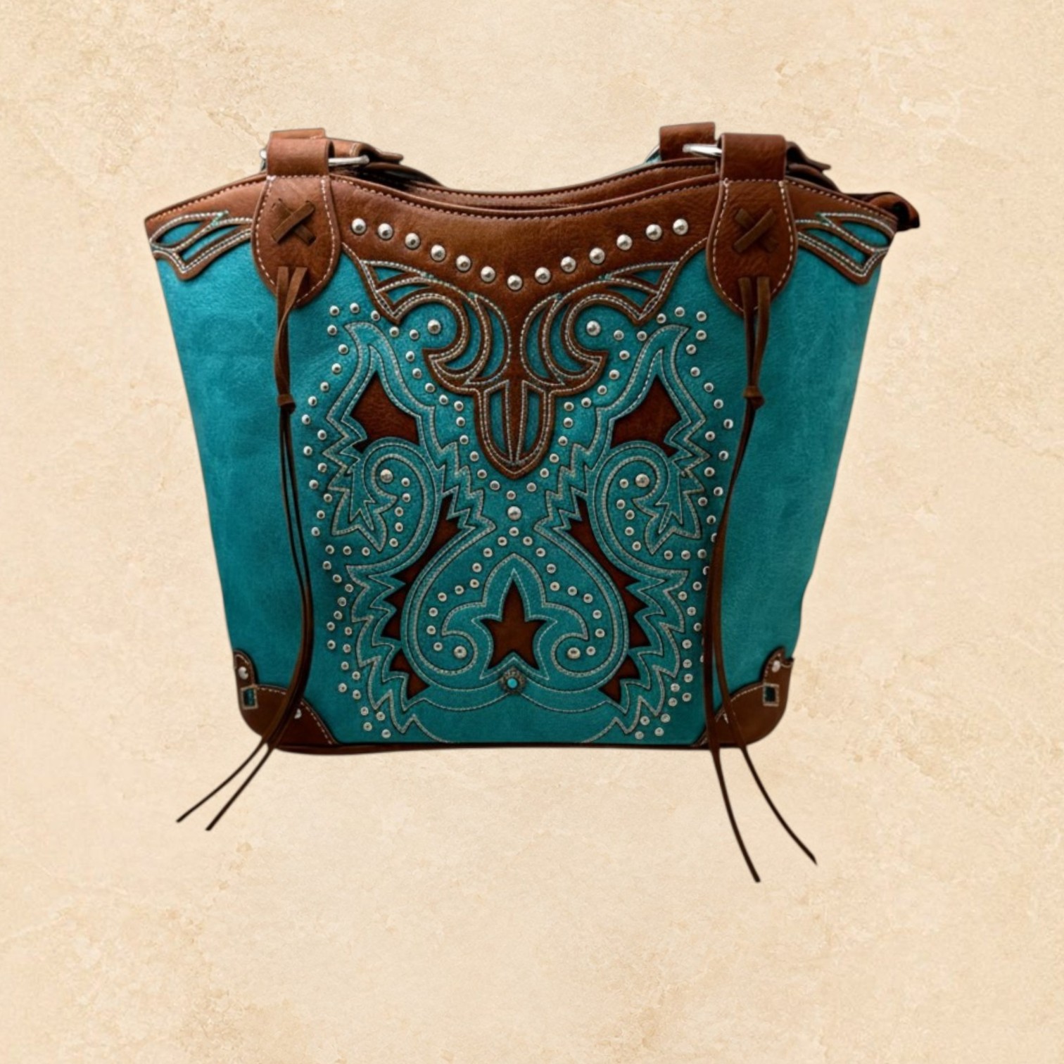 Turquoise and brown purse with intricate Southwestern detailing, silver-tone studs, decorative stitching, and brown leather-look accents.