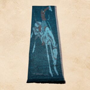 Turquoise scarf featuring a bronc rider design in brown and blue tones