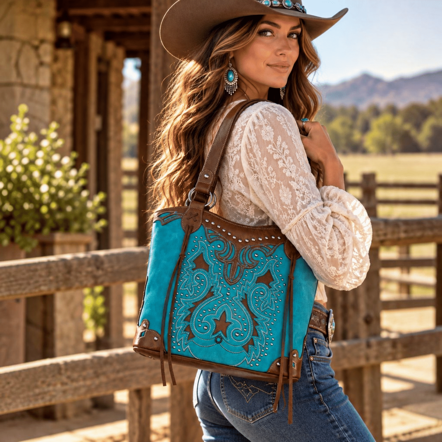 Turquoise and brown purse with intricate Southwestern detailing, silver-tone studs, decorative stitching, and brown leather-look accents.
