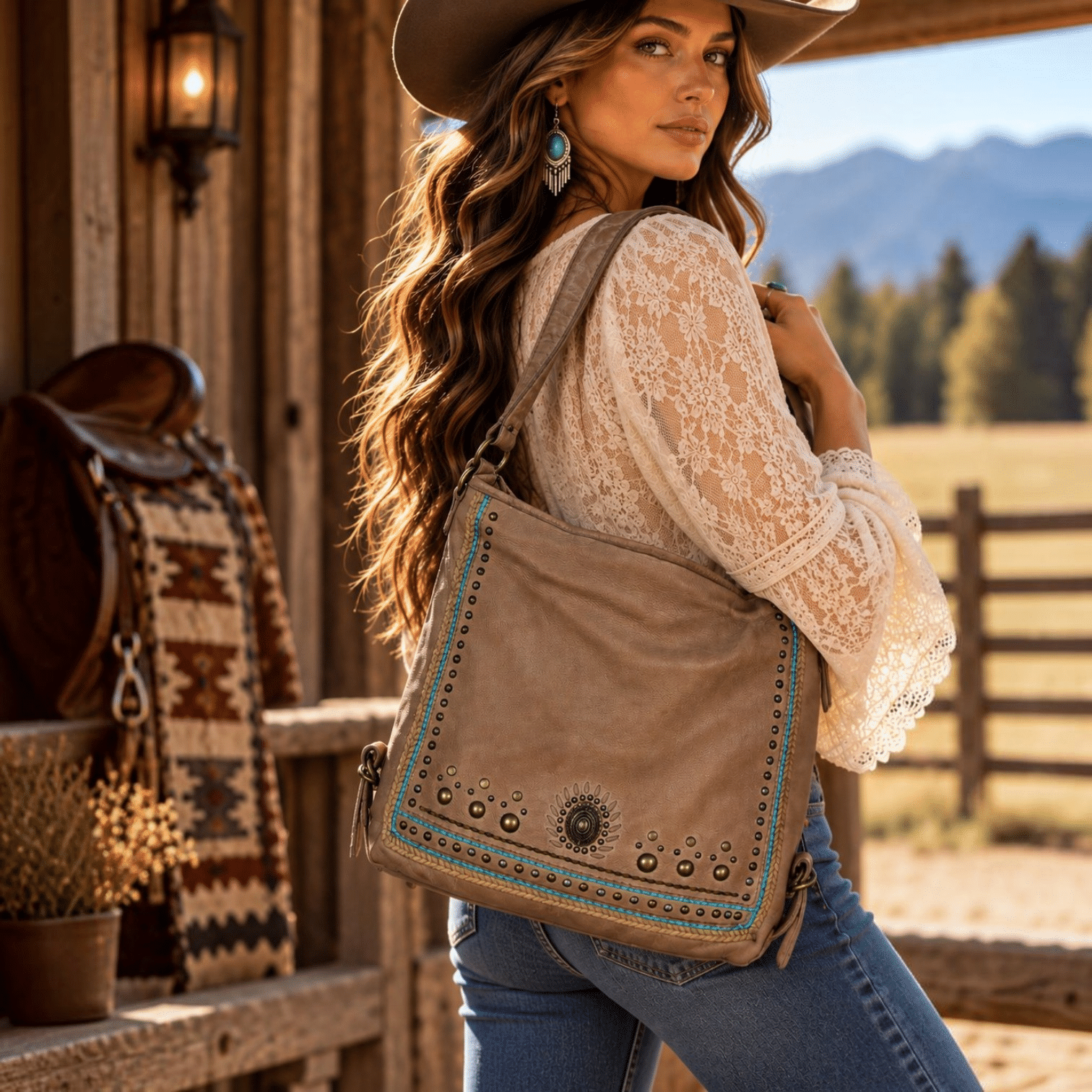 Brown Western purse with turquoise stitching, studded trim, and Southwestern detailing