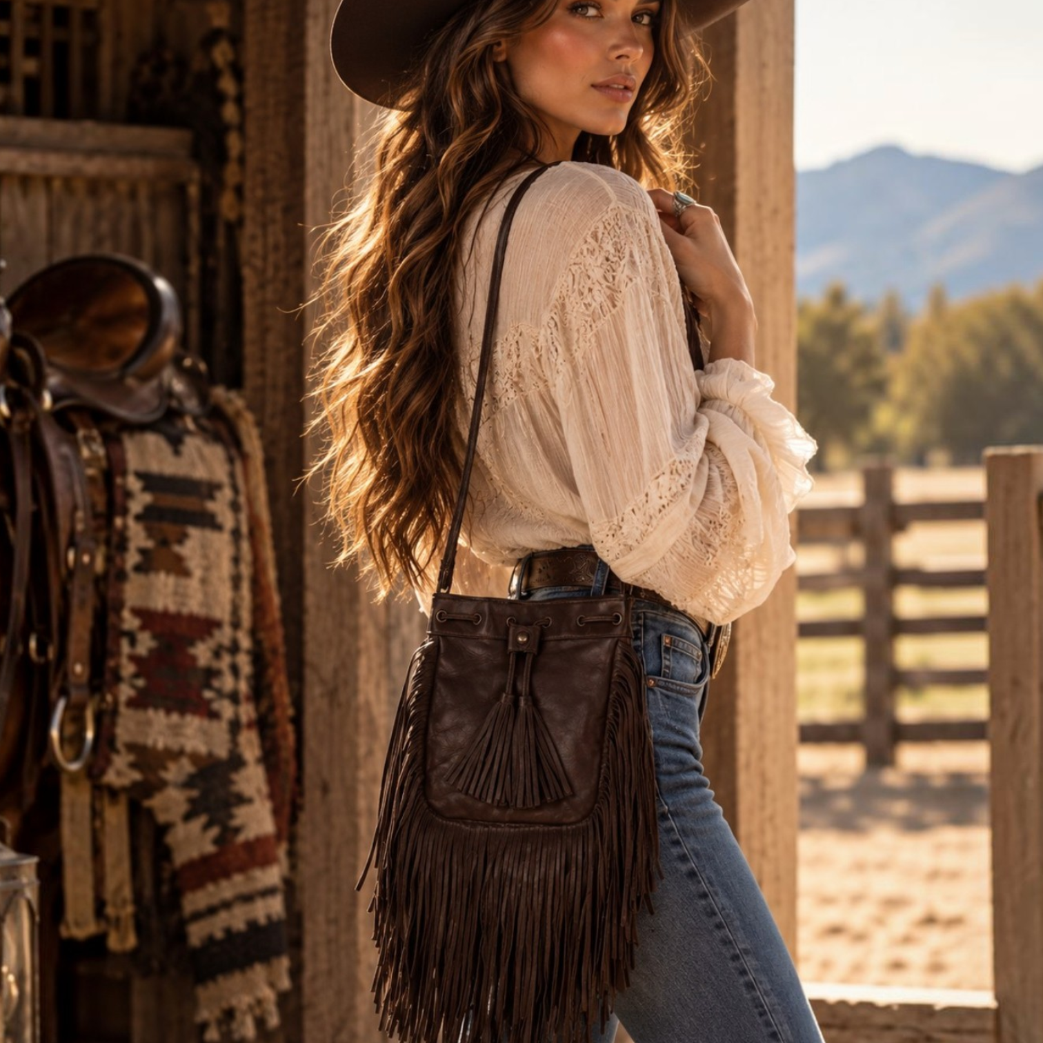One-of-a-kind handmade dark brown leather Western purse with layered fringe and leather tie closure