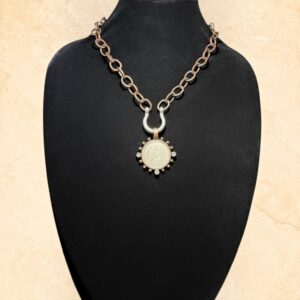 Handmade copper and silver necklace with round horse pendant