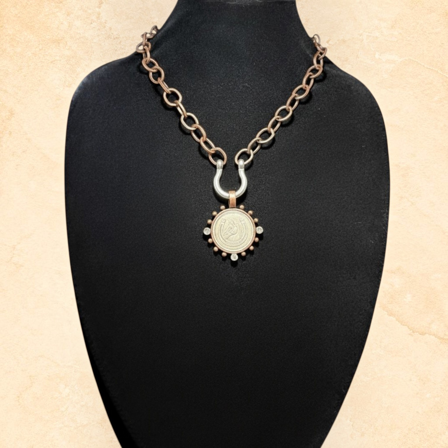 Handmade copper and silver necklace with round horse pendant