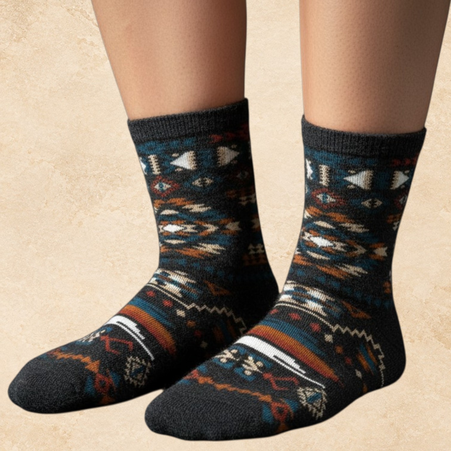 Women’s red 50% alpaca crew socks with a Western-inspired pattern, shown as a soft luxury sock style.
