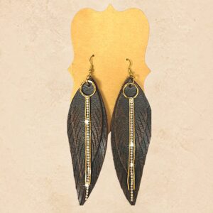 Dark brown feather earrings with gold-tone accents and sparkling rhinestone detailing