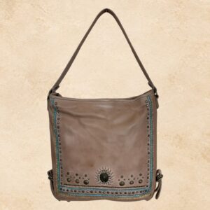 Brown Western purse with turquoise stitching, studded trim, and Southwestern detailing