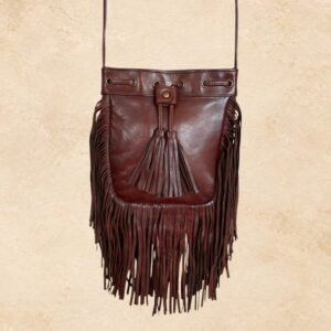 One-of-a-kind handmade dark brown leather Western purse with layered fringe and leather tie closure