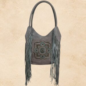 One-of-a-kind handmade taupe leather Western purse with long fringe and turquoise detailing