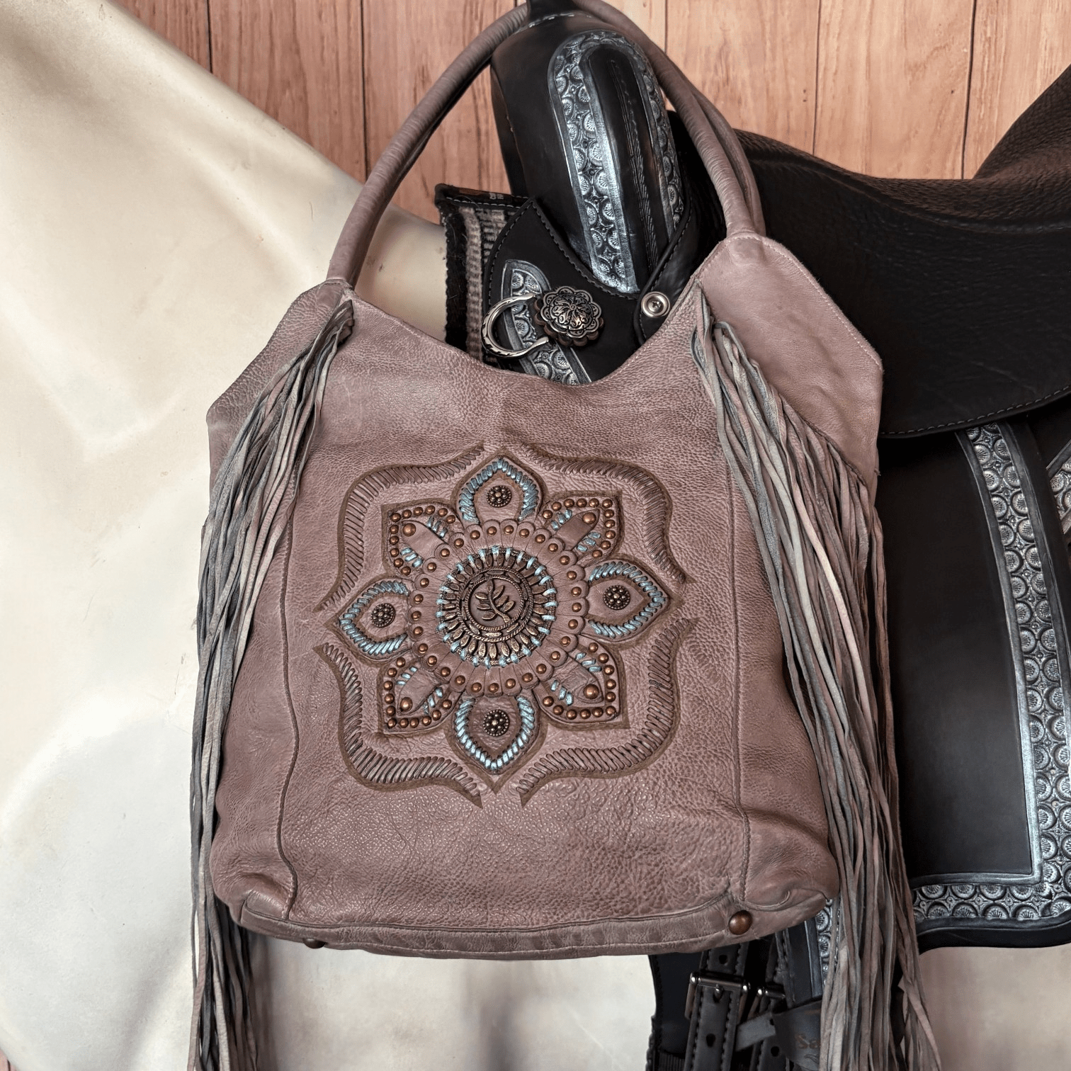 One-of-a-kind handmade taupe leather Western purse with long fringe and turquoise detailing