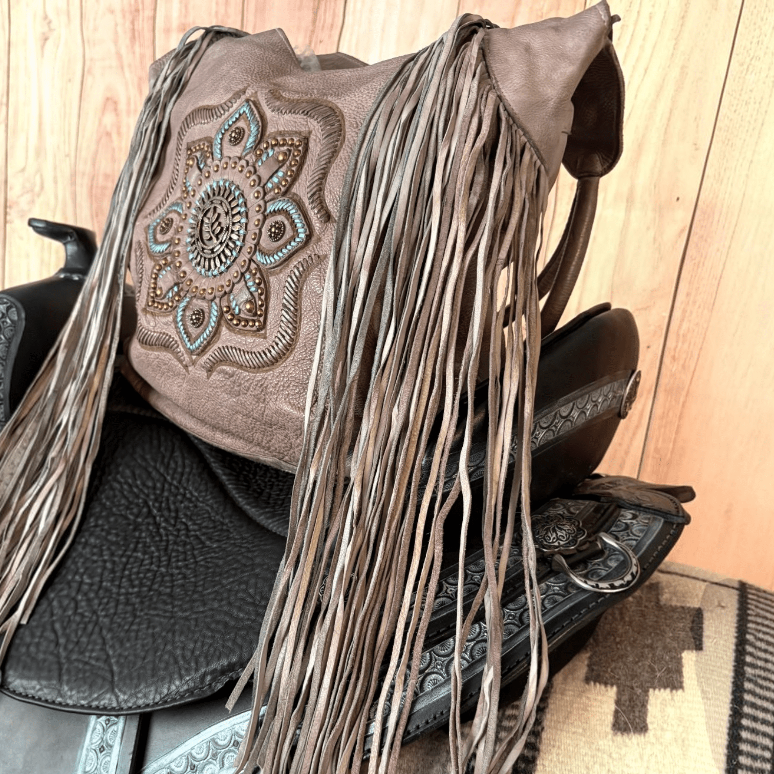 One-of-a-kind handmade taupe leather Western purse with long fringe and turquoise detailing