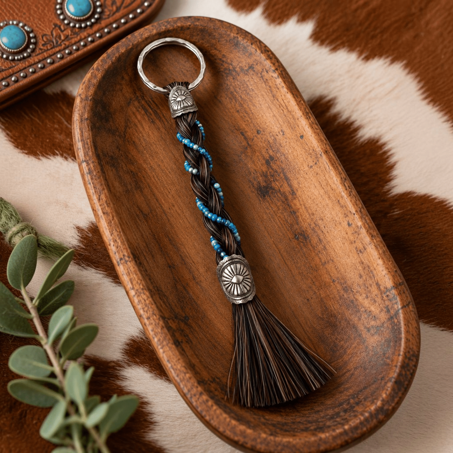 Bay real horsehair keychain with braided dark brown horsehair, turquoise and blue bead accents, silver Western conchos, and a natural horsehair tassel.