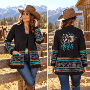 Black Western cardigan featuring a beautiful horse head design with flowing turquoise, copper, and cream accents on the back, Southwestern geometric patterns along the sleeves and hem, two front pockets, and a single hook-and-eye front closure. Size Medium.