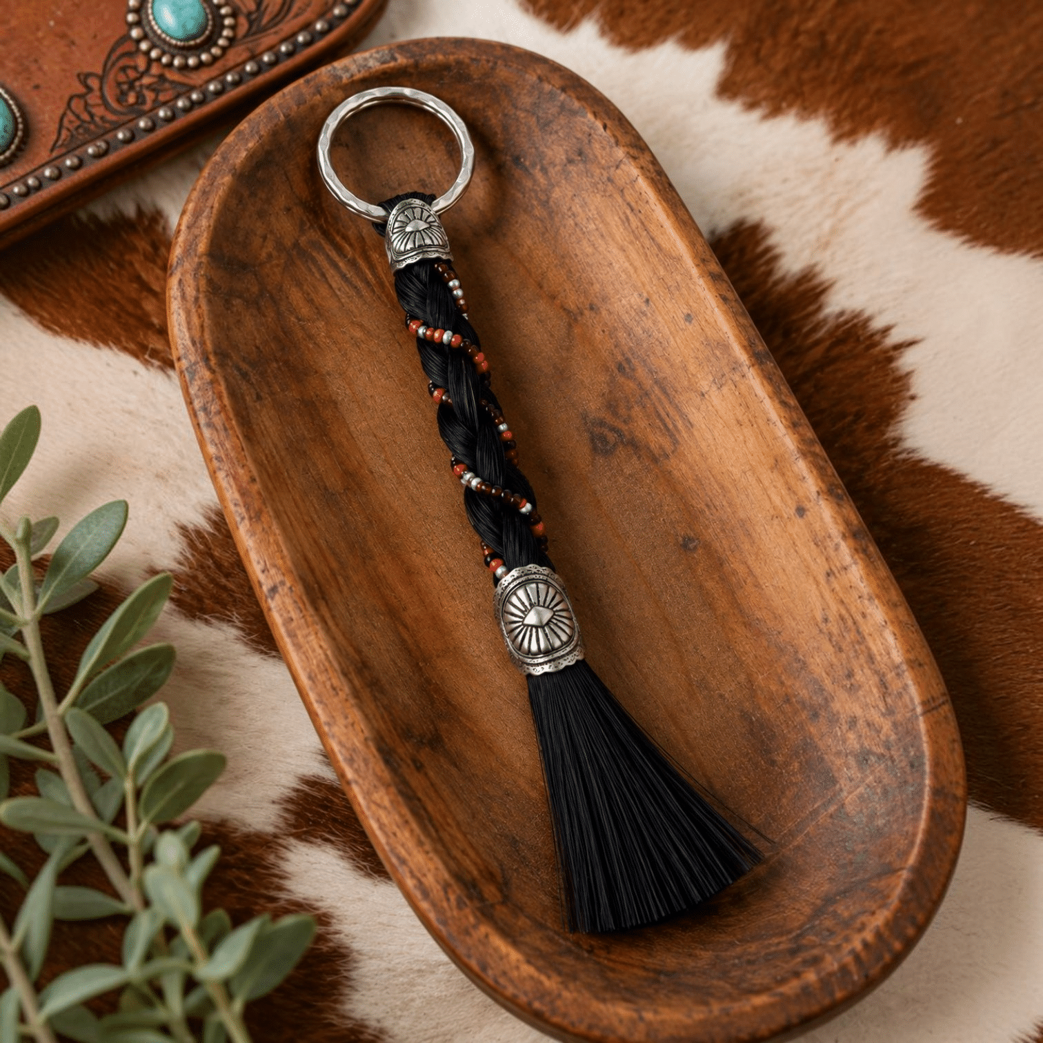 Black real horsehair keychain with braided black horsehair, red and silver bead accents, silver Western conchos, and a natural horsehair tassel.