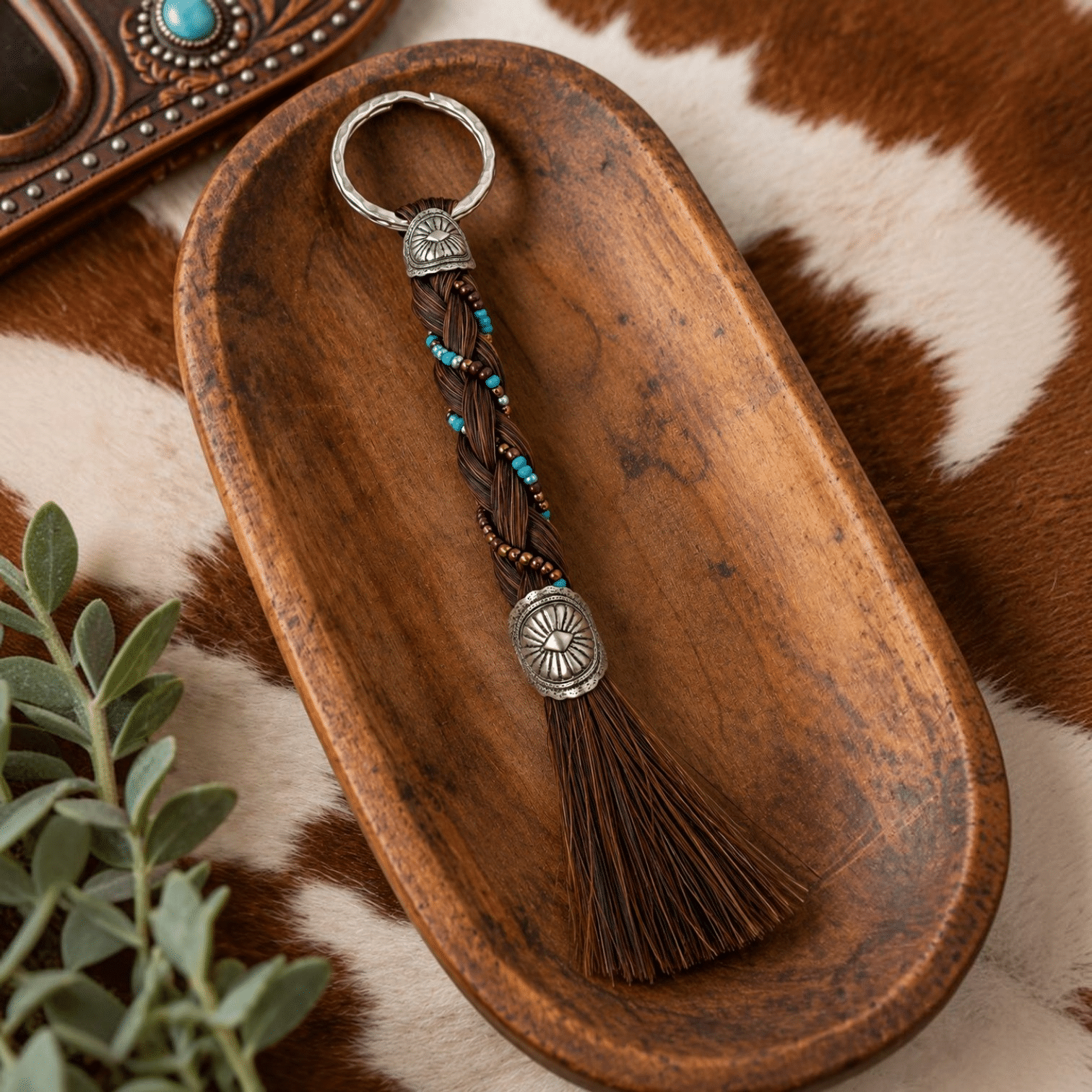 Chestnut real horsehair keychain with braided dark brown horsehair, turquoise and metallic bead accents, silver Western conchos, and horsehair tassel.