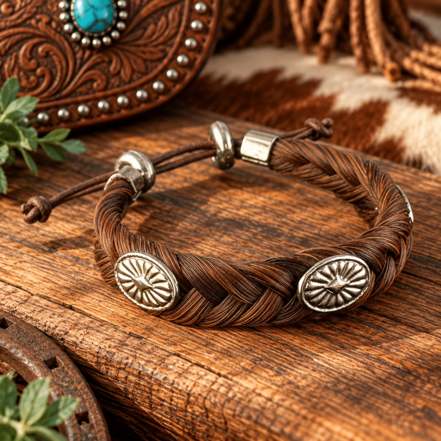 Chestnut Concho Horsehair Bracelet braided from real chestnut horsehair with silver-tone Western conchos and adjustable closure.