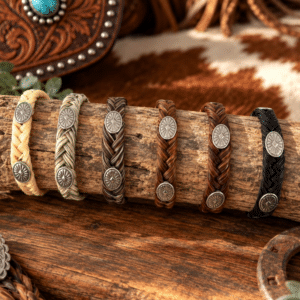 Concho Horsehair Bracelet collection featuring six braided real horsehair colors with silver-tone Western concho accents.