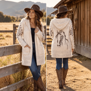 Extremely soft ivory fuzzy cardigan featuring a beautiful horse head design on the back, subtle Southwestern patterns on the sleeves, front pockets, and a simple hook-and-eye closure.