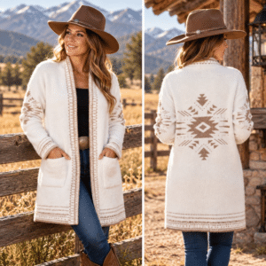 Extremely soft cream and tan cardigan featuring a beautiful Southwestern geometric diamond design on the back, coordinating patterns on the sleeves, two front pockets, and a single hook-and-eye front closure.