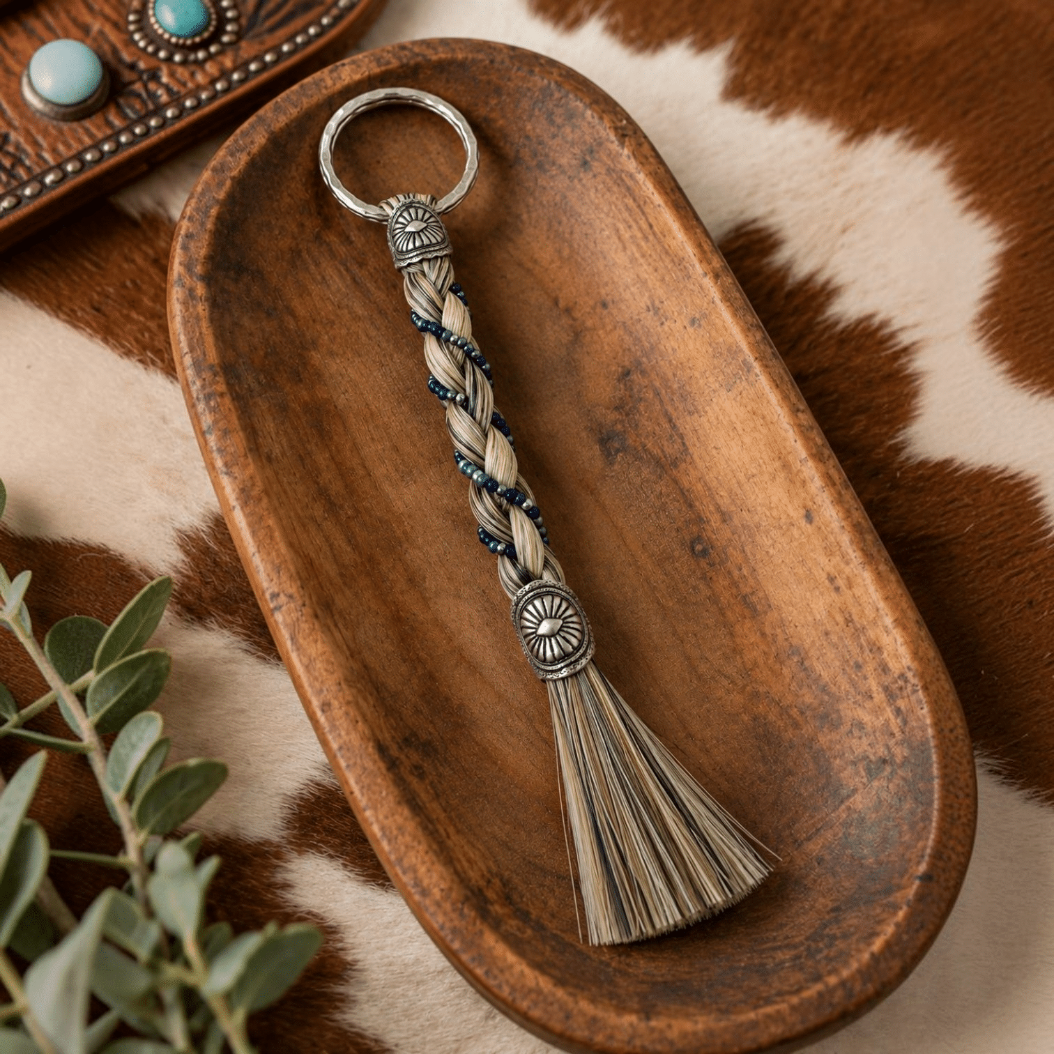 Grey real horsehair keychain made with horsehair from Bazil, accented with blue beads and silver-tone Western conchos.