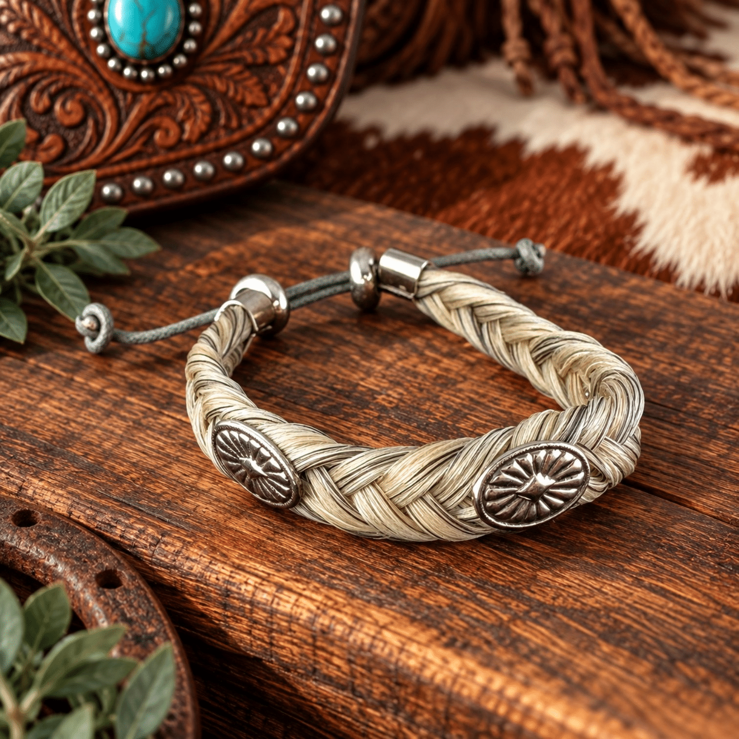 Grey Concho Horsehair Bracelet braided from real grey horsehair with silver-tone Western conchos and adjustable closure.