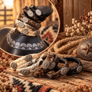 Three Conchos real horsehair saddle horn jewelry in natural horsehair colors, featuring braided designs with three Western silver conchos.