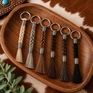 Horsehair Keychain collection featuring six handcrafted keychains made with real Brazilian horsehair in natural colors with silver-tone Western hardware and horsehair tassels.