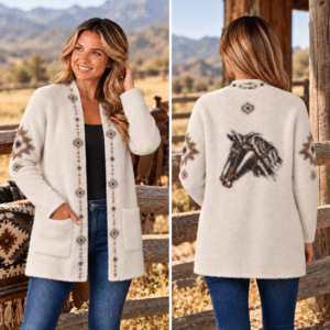 Extremely soft ivory fuzzy cardigan featuring a beautiful horse head design on the back, subtle Southwestern patterns on the sleeves, front pockets, and a simple hook-and-eye closure.