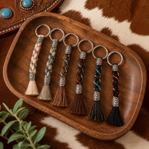 Six Beaded Horsehair Keychains made with real horsehair from Brazil, featuring assorted natural hair colors, colorful bead accents, silver-tone Western conchos, and horsehair tassels.