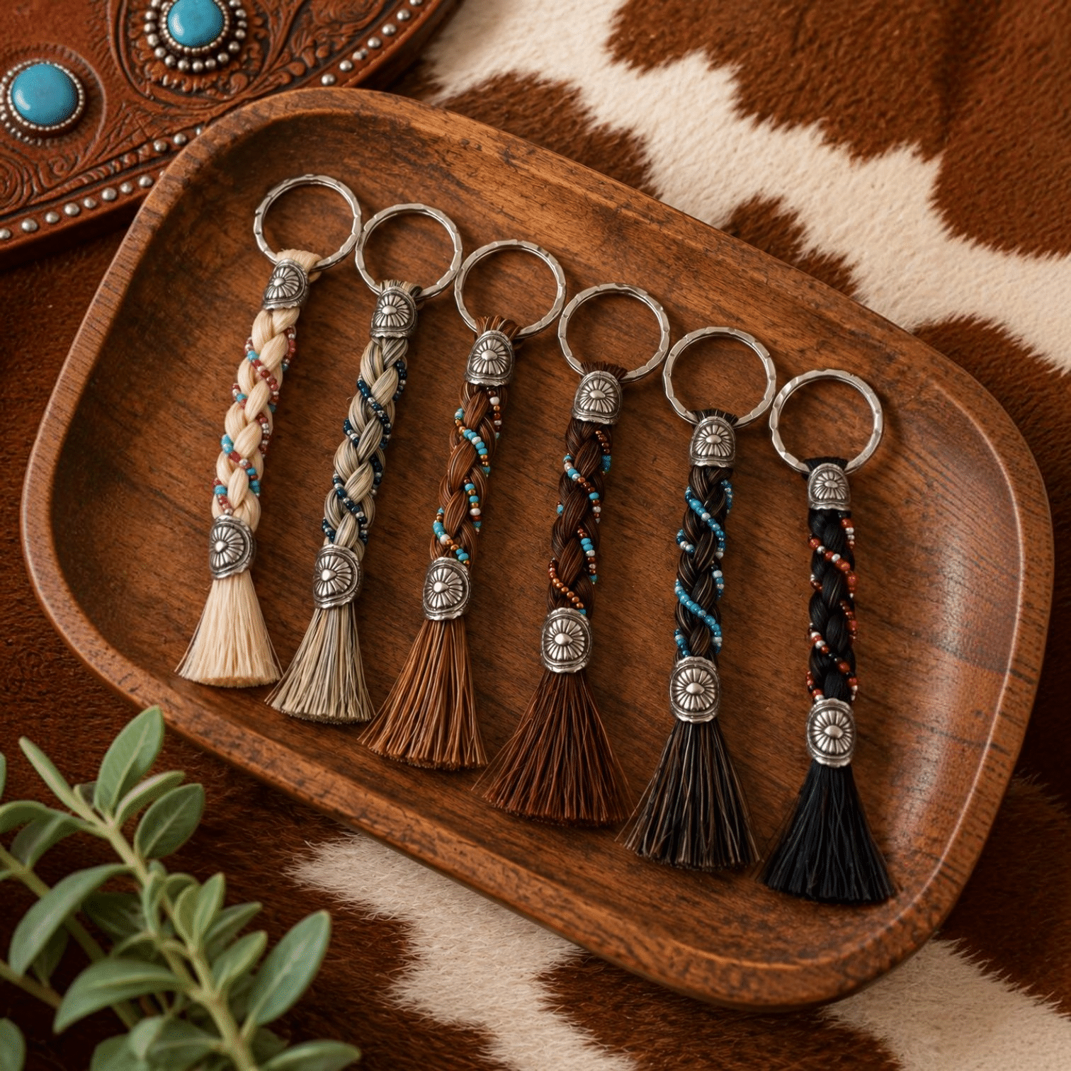 Six Beaded Horsehair Keychains made with real horsehair from Brazil, featuring assorted natural hair colors, colorful bead accents, silver-tone Western conchos, and horsehair tassels.