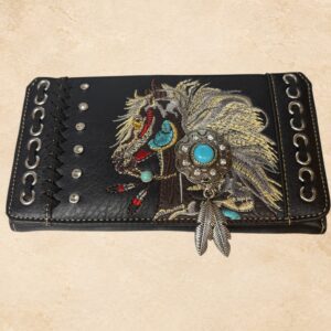 Midnight Spirit black leather tri-fold wallet featuring a beautifully embroidered horse design with turquoise, red, and gold accents. Decorated with silver-toned hardware, turquoise-colored conchos, sparkling studs, and dangling silver feathers. Features 12 card holders, a zipper closure, and an interior zippered divider.