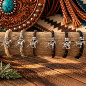 Mustang Run braided horsehair bracelets in natural horsehair colors with silver running horse charms.