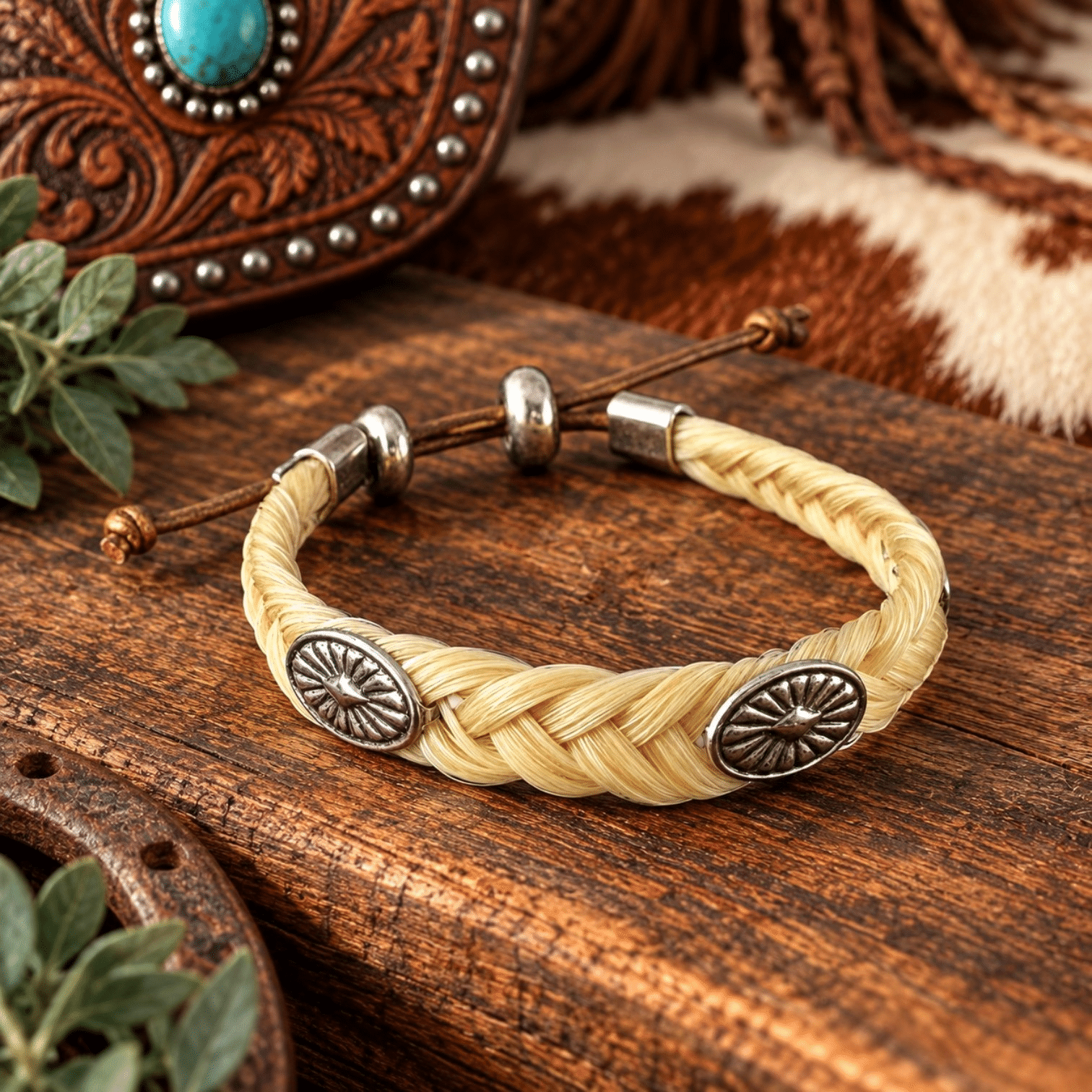 Palomino Concho Horsehair Bracelet made with braided real horsehair and silver-tone Western concho accents.