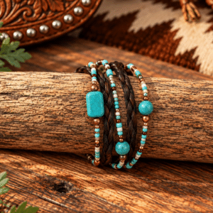 Rio Turquoise Horsehair Bracelet with dark brown braided horsehair, turquoise stones, copper beads, and layered turquoise and earth-tone seed beads.