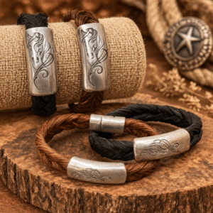 Silver Mane bracelet made from genuine braided horsehair, featuring an elegant silver-tone magnetic clasp engraved with a flowing horse head design.
