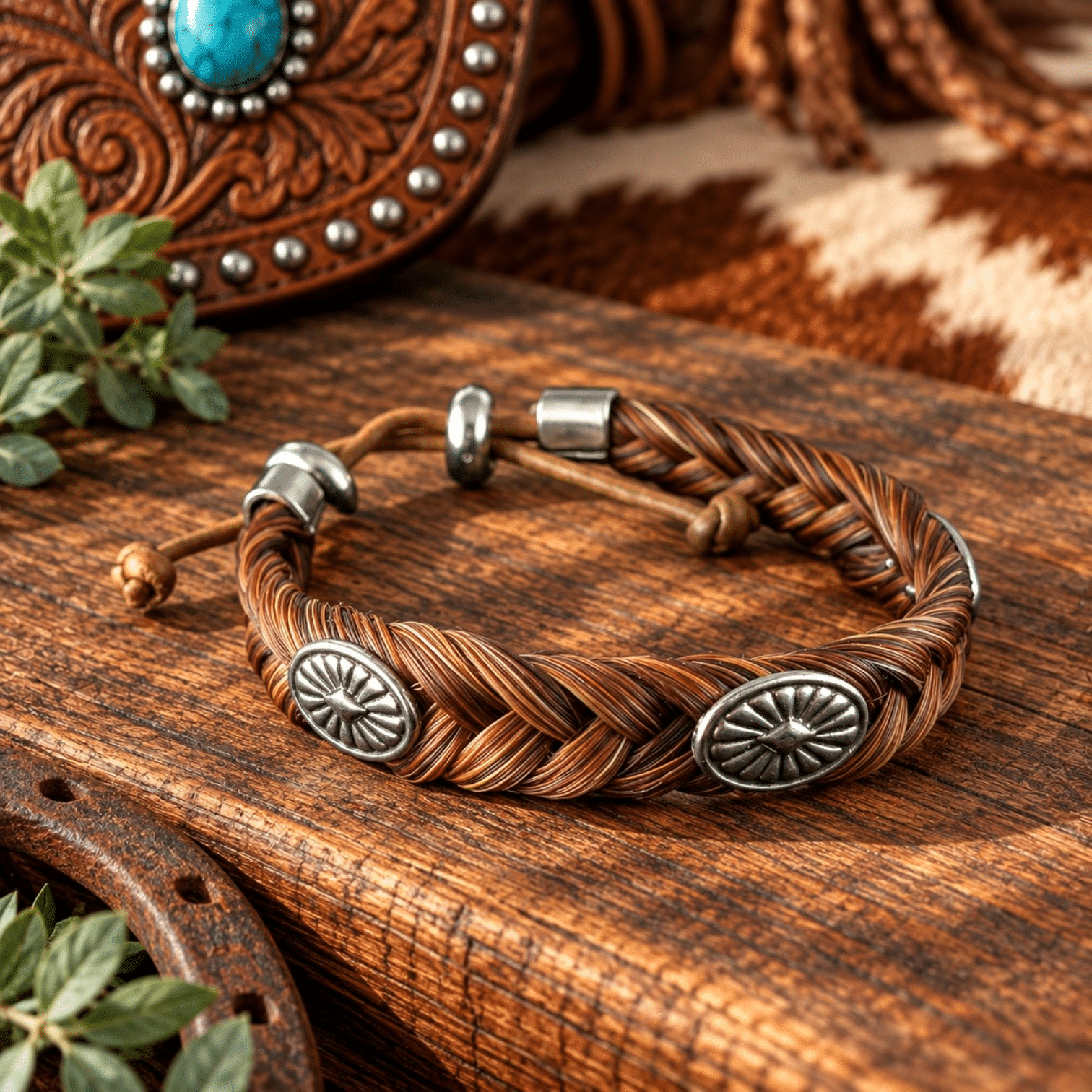 Sorrel Concho Horsehair Bracelet braided from real sorrel horsehair with silver-tone Western conchos and adjustable closure.