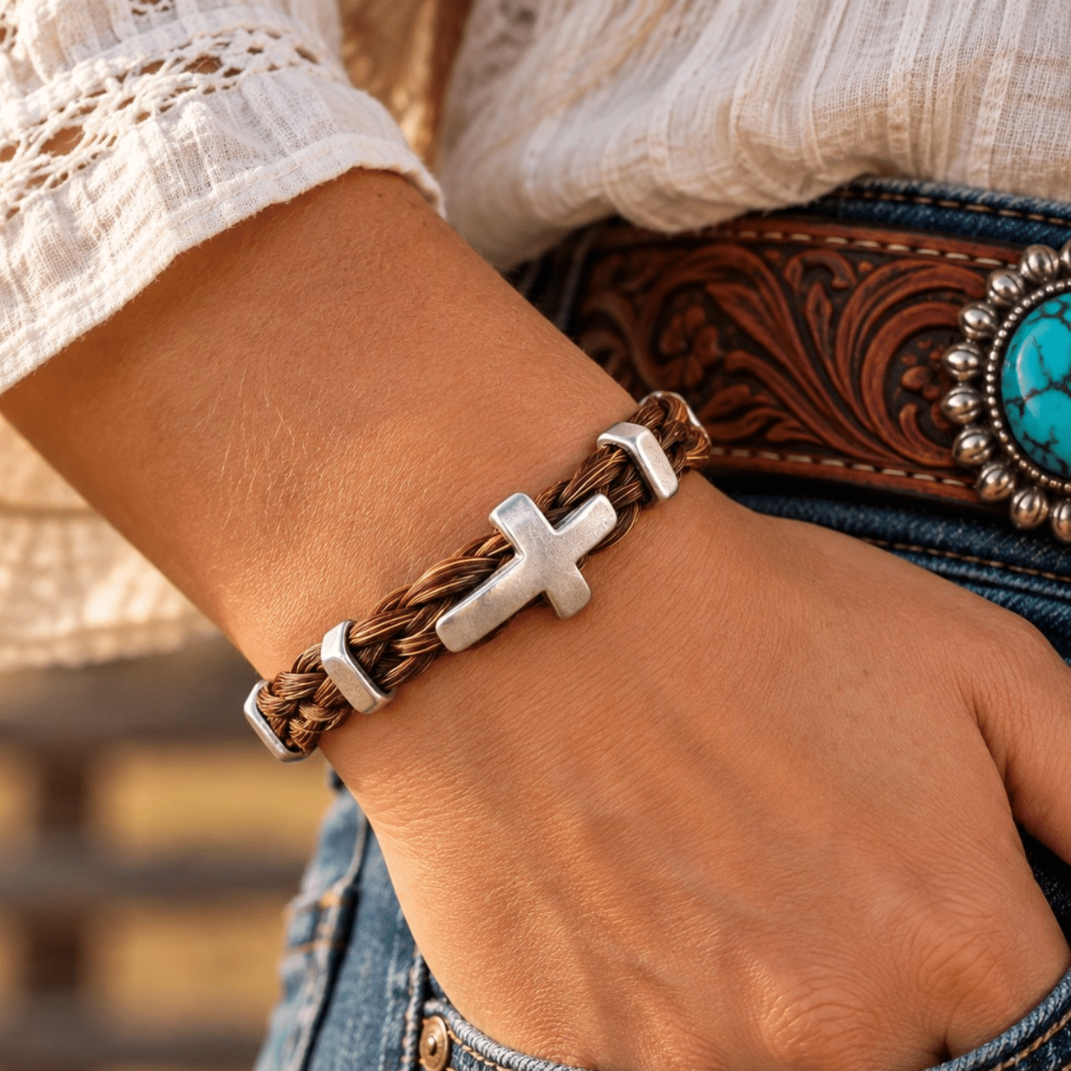 Sorrel Crossroads Horsehair Bracelet featuring braided sorrel horsehair with silver-tone cross accents.