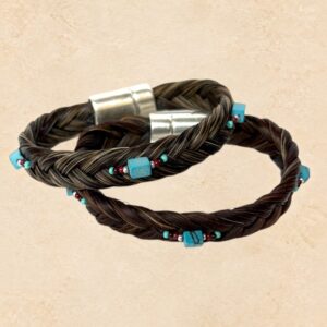 Sorrel Desert Stone Horsehair Bracelet with braided sorrel horsehair and turquoise and red bead accents.